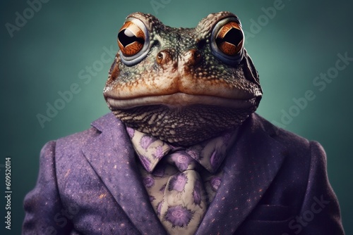 Anthropomorphic frog dressed in a suit like a businessman. Business Concept. AI generated, human enhanced