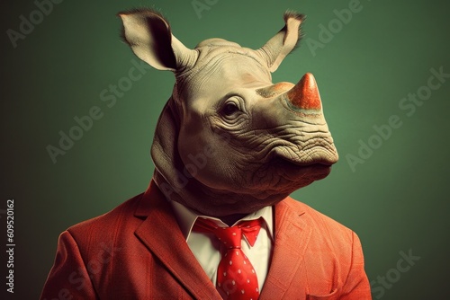 Anthropomorphic rhinoceros dressed in a suit like a businessman. Business Concept. AI generated, human enhanced © top images