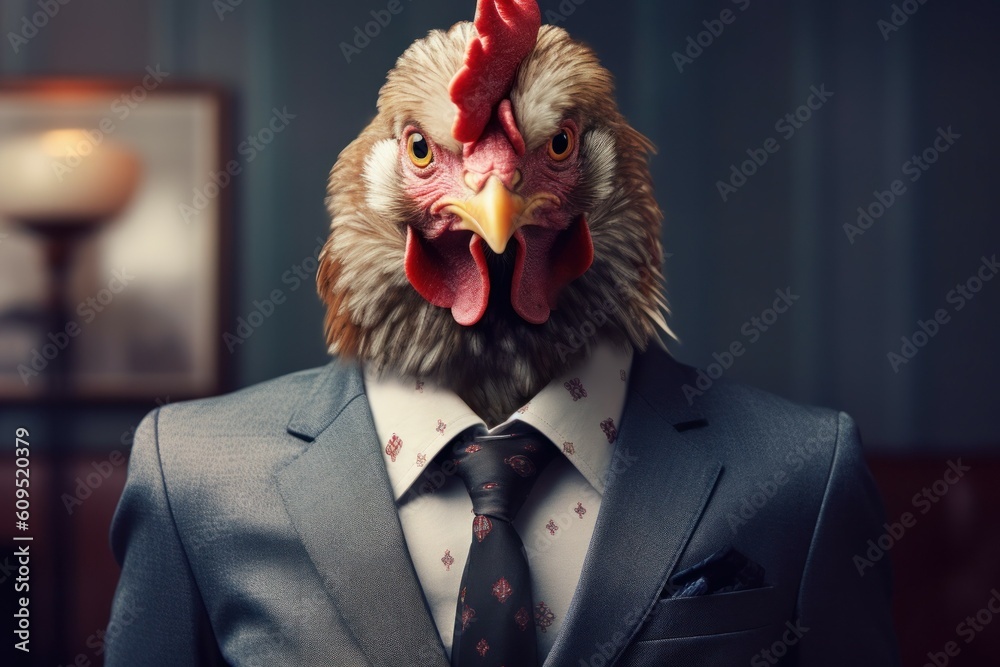 Anthropomorphic chicken dressed in a suit like a businessman. business concept. AI generated, human enhanced