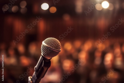 Microphone at public speaking with selective focus. AI generated, human enhanced