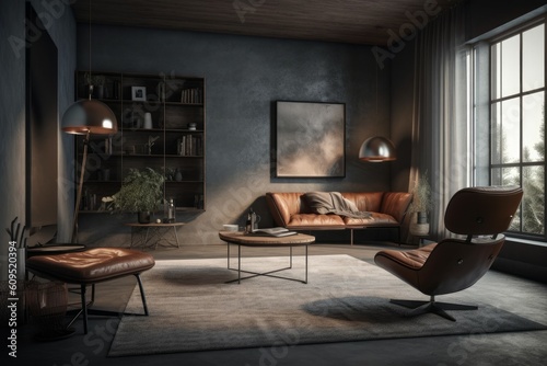 Style loft interior with leather armchair. AI generated, human enhanced