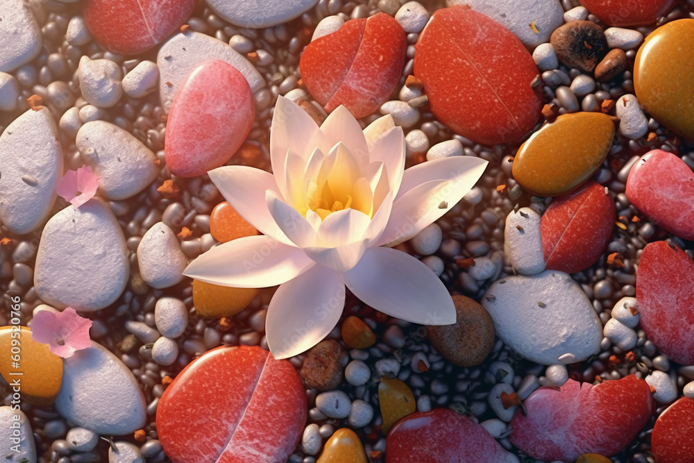 Overhead shot, transparent colorful pebbles, three white snow lotus flowers in full bloom. AI generative Overhead shot, transparent colorful pebbles, three white snow lotus flowers in full bloom. AI generative