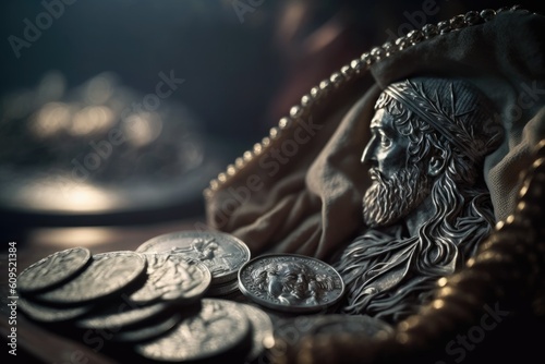 Fotografia Judas 30 pieces of silver, sack thirty coins biblical symbol betrayal, religion,