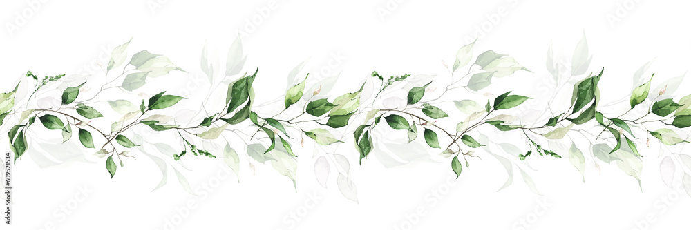 Watercolor painted greenery frame template. Bouquet with green, blue branches and leaves. Seamless border