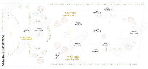 Vector sketch illustration of a city center garden plan side view full of trees and plants