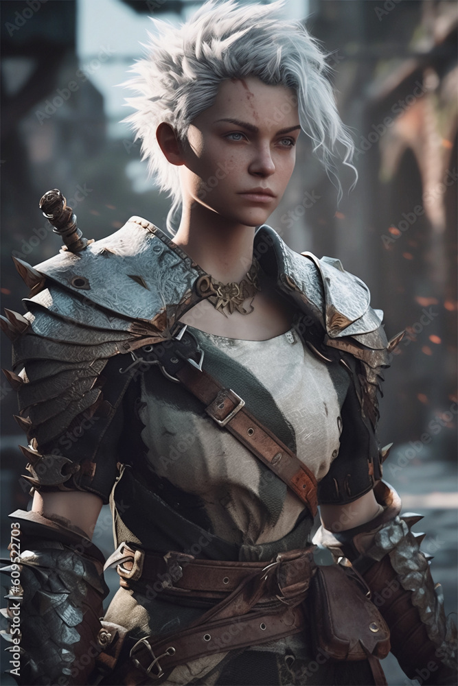 Illustration of a young female knight - created with generative AI - enhanced by the artist