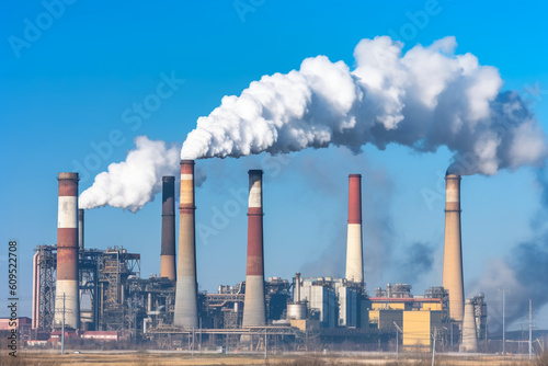 Thick smoke belching from factory chimneys against a blue sky, AI Generation photo