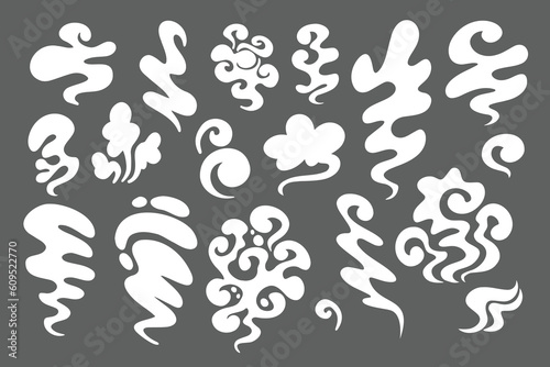 Smoke different shapes set. White cloud fog cigarette fire in cartoon style for game. Isolated flat