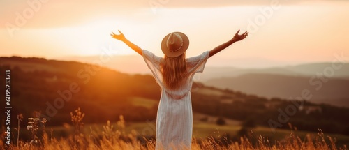 Backlit from behind calm happy free woman with open arms enjoying  a beautiful moment life on the seashore at sunset