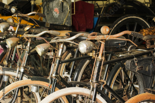 Old bicycles collected in museums, tourist attractions.