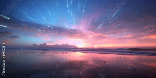 Ocean surf at dawn with an amazing phenomenon of fluorescent particles flying towards the sun. AI generation  © Olmyntay