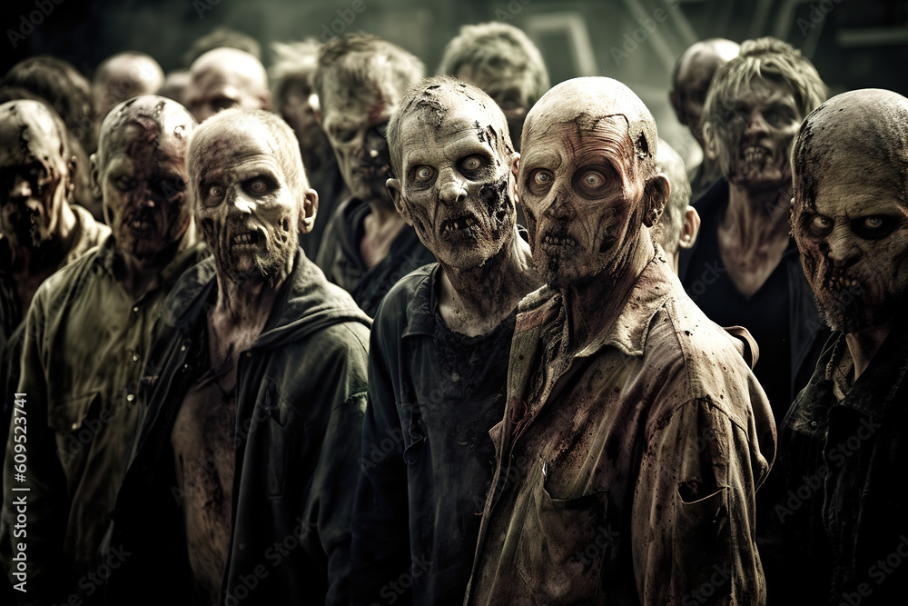 Zombie horde. Zombie apocalypse scene. Generative AI Zombie horde. Zombie apocalypse scene. Generative AI