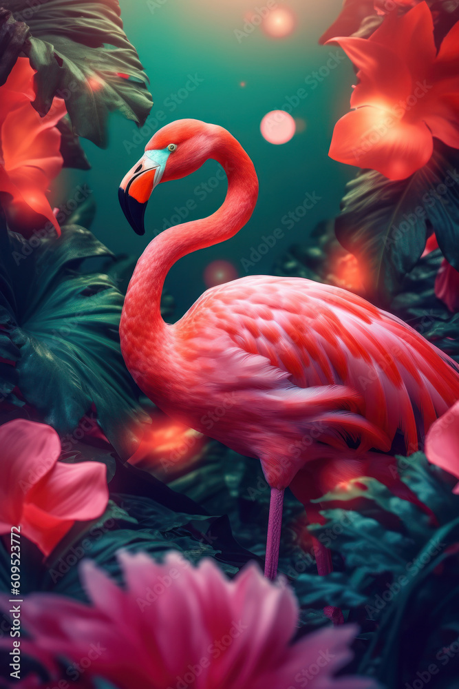 Fototapeta premium Flamingo in tropical nature forrest background. Animal and environment concept. Generative ai