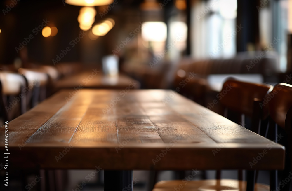 Wooden table blurred background of restaurant of cafe with bokeh. Generative AI Wooden table blurred background of restaurant of cafe with bokeh. Generative AI