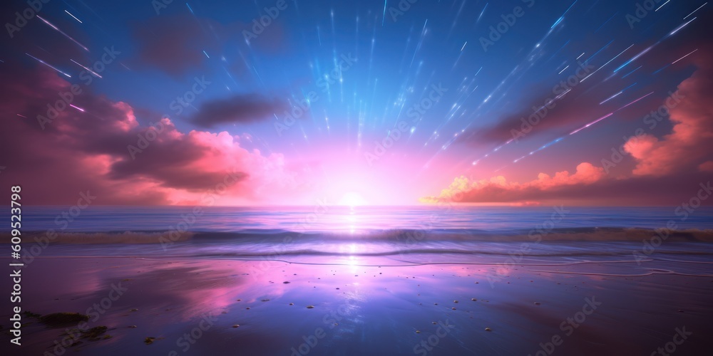 Sparkling sun in the calm ocean surf at dawn. AI generation 