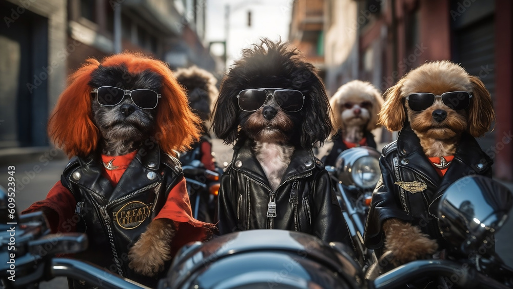 A biker gang of Poodles with attitude are wearing sunglasses and leather jackets, ready for a rumble. Generative AI.