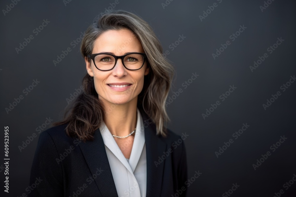 Confident stylish mature mid aged woman standing at home office. Mature businesswoman,  lady executive business leader manager looking at camera, generative AI