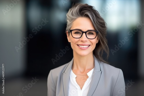 Confident stylish mature mid aged woman standing at home office. Mature businesswoman, lady executive business leader manager looking at camera, generative AI