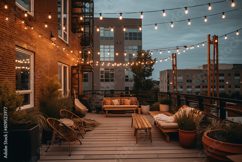 Fotografiet At dusk in the summer, a comfortable rooftop patio area with a lounging area, a hanging chair, and string lights is there