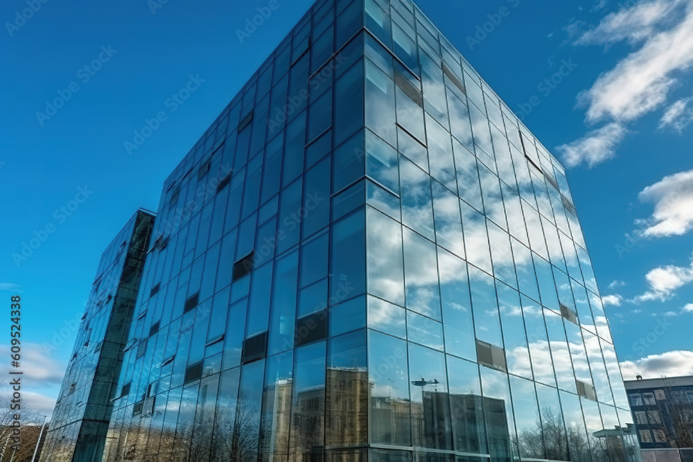 Fototapeta premium Glass fronted contemporary office building with a backdrop of a blue sky. Wall made of transparent glass at an office complex. Generative AI