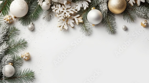 Christmas Decoration With Fir Branches and baubles On a white background, Generative Ai