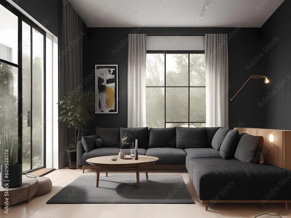 Fototapeta premium Interior Living Room with Sofa in a Modern Home, Living Room with Light and Dark Wall Colors