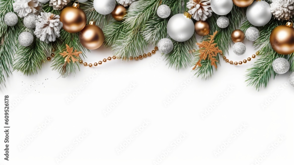 Christmas Decoration With Fir Branches and baubles On a white background, Generative Ai