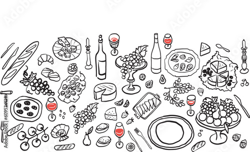 Wine and food doodle still life Isolated on white background. Hand drawn vector illustration.