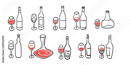 Hand drawn silhouettes of wine glasses and bottles, Hand drawn style.