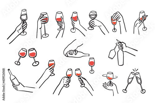 Collection of different hands gestures hold wineglass or drink. Hand drawn style. Hand for logo in restaurant or bar. Vector illustration