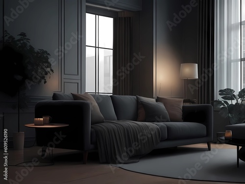 Interior with Modern Sofa and Coffee Table, Beautiful and Modern Lamps, Low Light Raining Vibe