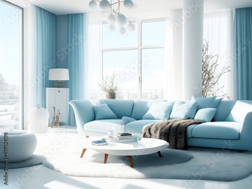 Modern Interior with Sofa, Lamps, and Serene Blue and White Ambience, Modern Home, and Fur Accents © Pamudu