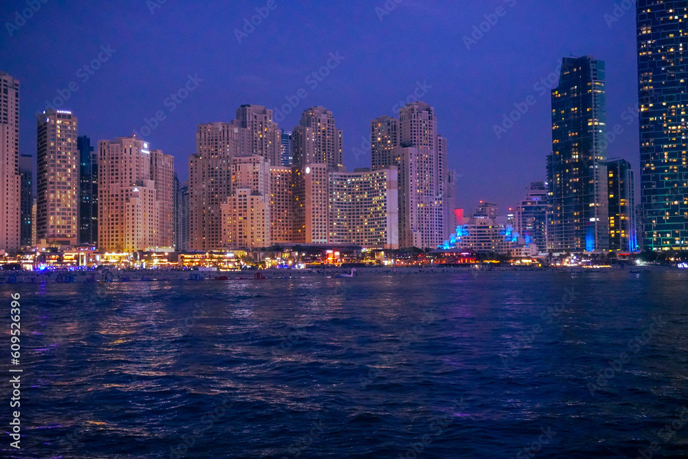 Dubai Marina in Dubai, UAE. View of the skyscrapers and the canal. view at night