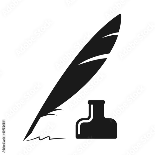 quill silhouette writing curves, black feather pen on a white background.