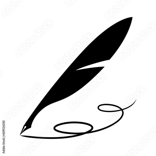 quill silhouette writing curves, black feather pen on a white background.