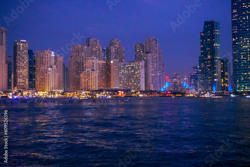 Dubai Marina in Dubai  UAE. View of the skyscrapers and the canal. view at night