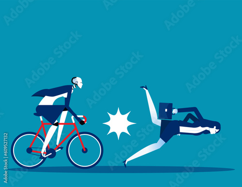 Robot driving bicycle crashed into human.  Business artificial intelligence concept