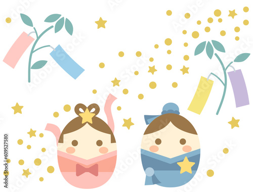 可愛い彦星と織姫がいる七夕をイメージしたイラスト