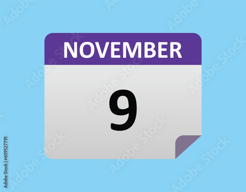 9th November calendar icon. November 9 calendar Date Month icon vector illustrator.