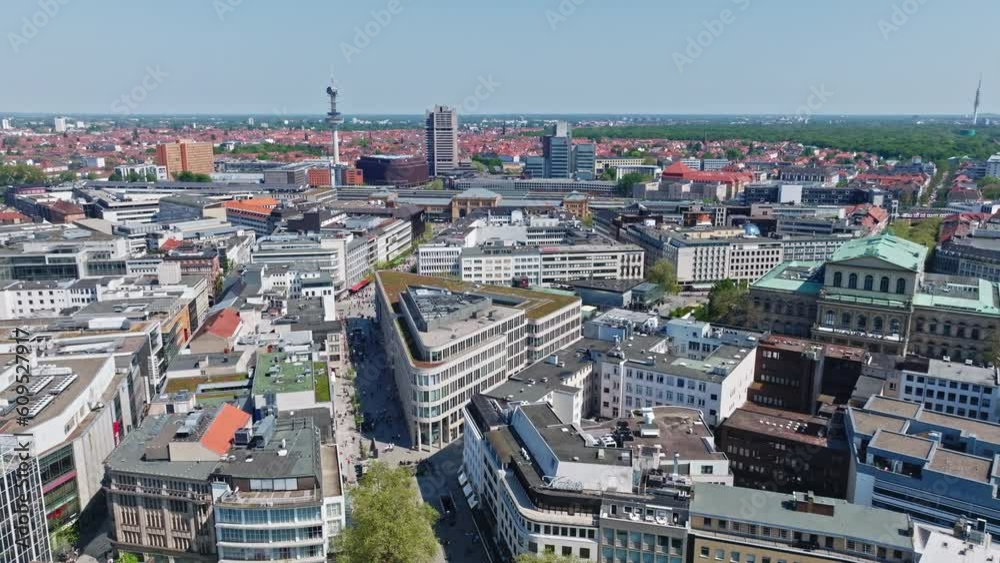 Drone shot of Hanover city centre , Germany . The historic heart of the city, Mitte is full of restaurants, cafes, and department stores. Monuments dot the largely pedestrianized Altstadt area . Drone shot of Hanover city centre , Germany . The historic heart of the city, Mitte is full of restaurants, cafes, and department stores. Monuments dot the largely pedestrianized Altstadt area .