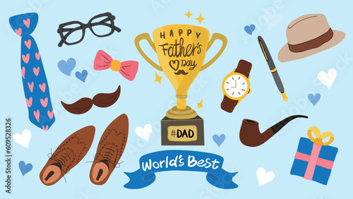 Happy Father's Day.  Set of father's day cute elements vector. Elements are isolated on blue background.