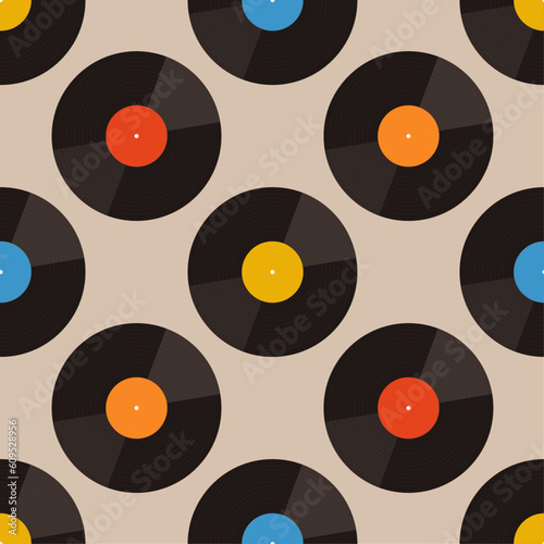 Retro vinyl records seamless vector pattern. Vintage 70s design in a minimal flat graphic style. Musical repeat background wallpaper print. 
