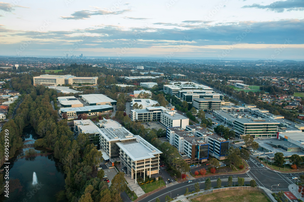 Aerial view of office blocks on Lexington Drive and the western end of Norwest Business Park, Sydney, Australia.