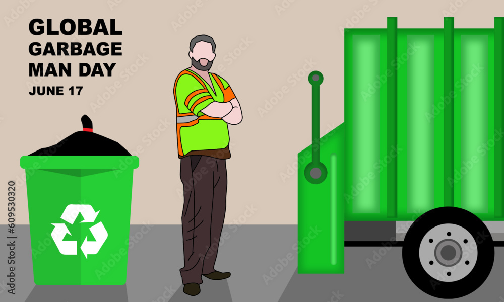 a garbage man at work in full uniform standing beside a trash can and a green garbage truck commemorating The Global Garbage Man Day on June 17
a garbage man at work in full uniform standing beside a trash can and a green garbage truck commemorating The Global Garbage Man Day on June 17