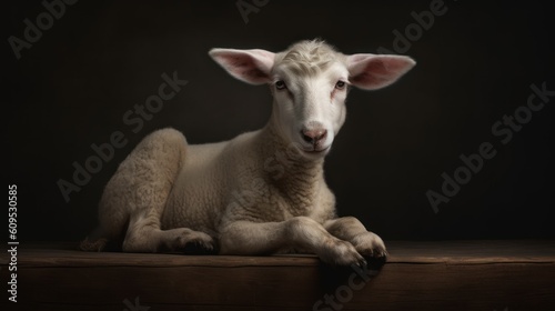 The lamb sits on a solid background