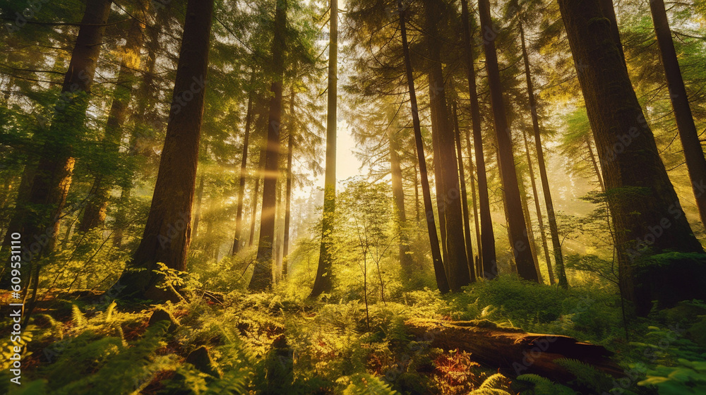 Fototapeta premium Tranquil minimalist forest with vibrant foliage. Generative IA