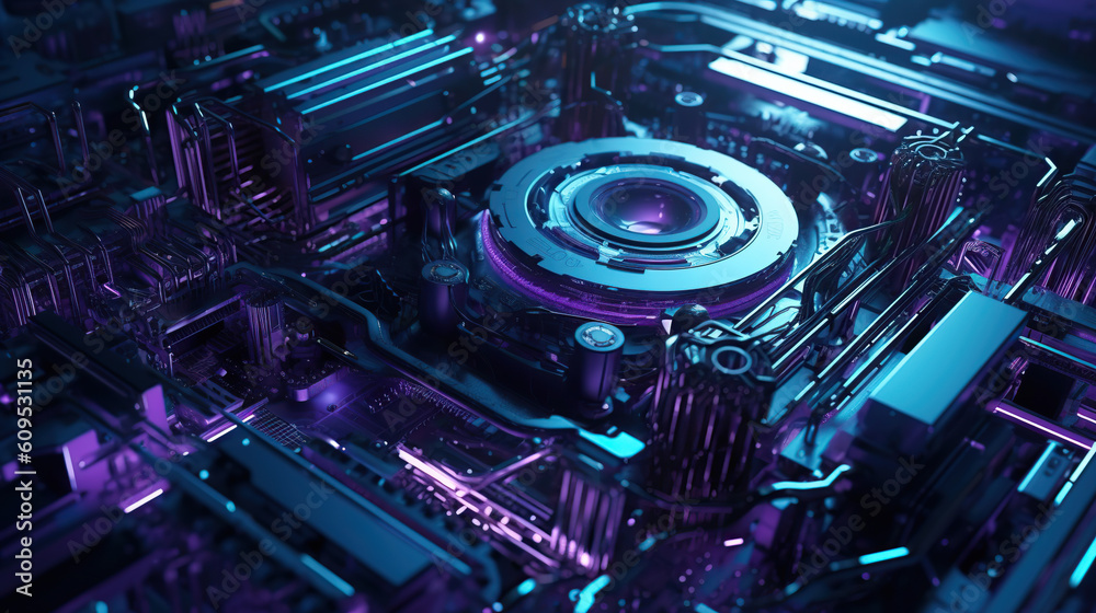 Computer motherboard close-up in pink and blue light, ai illustration Computer motherboard close-up in pink and blue light, ai illustration
