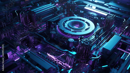 Computer motherboard close-up in pink and blue light, ai illustration 