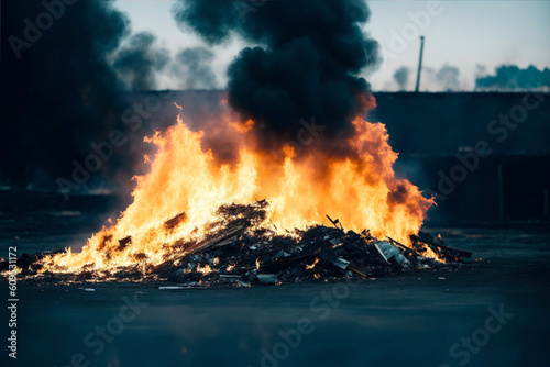 Open burning of garbage and waste with huge flames and plumes of black smoke. make a list of keywords related to the photo