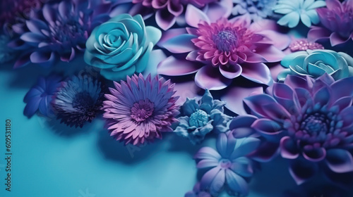 Floral background in pink and blue light, ai illustration 